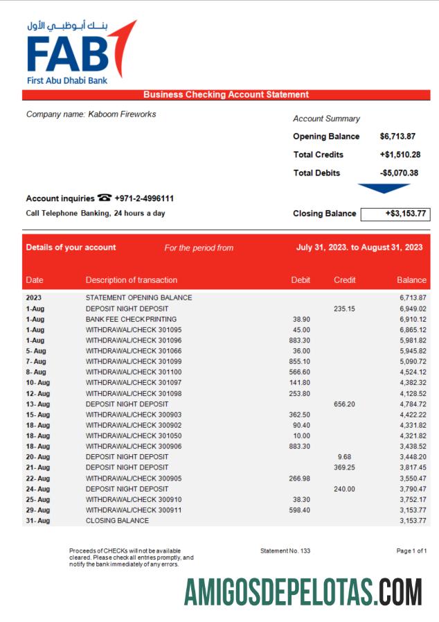 Realista FAB Bank Company Statement Modelo Word e PDF